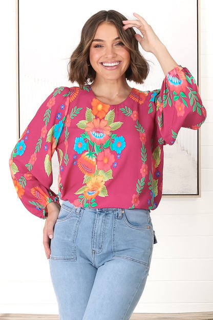 Celle Blouse - Pull Over Top with Long Balloon Sleeves in Octavia Print
