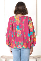 Celle Blouse - Pull Over Top with Long Balloon Sleeves in Octavia Print