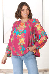 Celle Blouse - Pull Over Top with Long Balloon Sleeves in Octavia Print