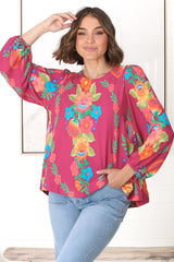 Celle Blouse - Pull Over Top with Long Balloon Sleeves in Octavia Print