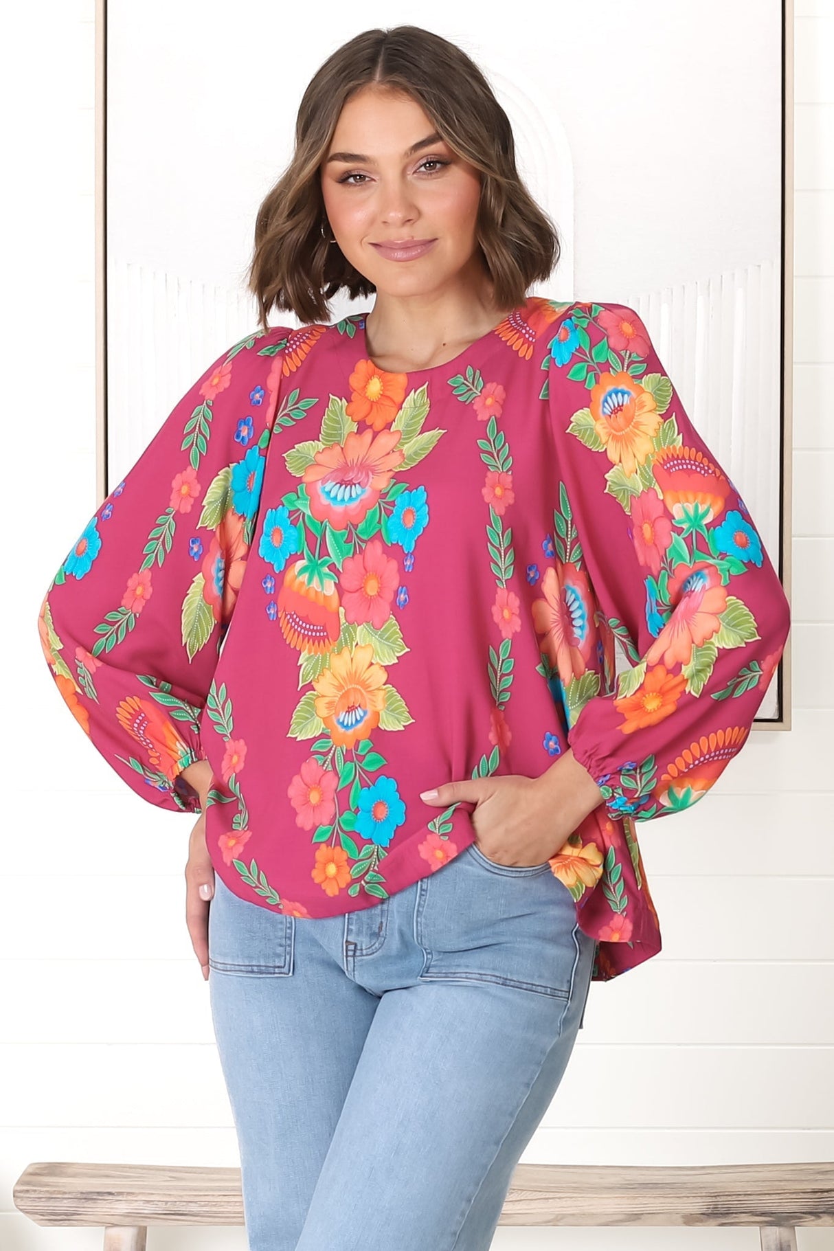 Celle Blouse - Pull Over Top with Long Balloon Sleeves in Octavia Print