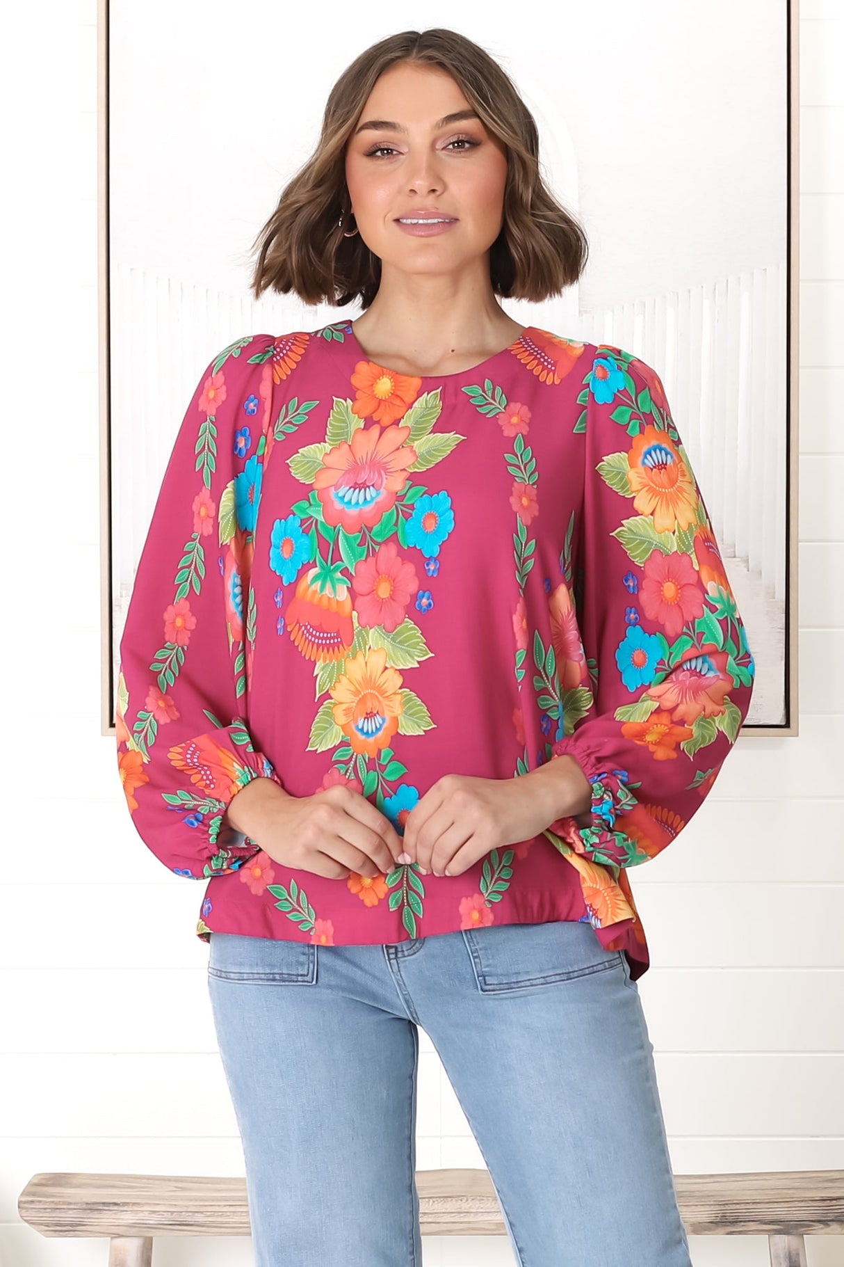 Celle Blouse - Pull Over Top with Long Balloon Sleeves in Octavia Print