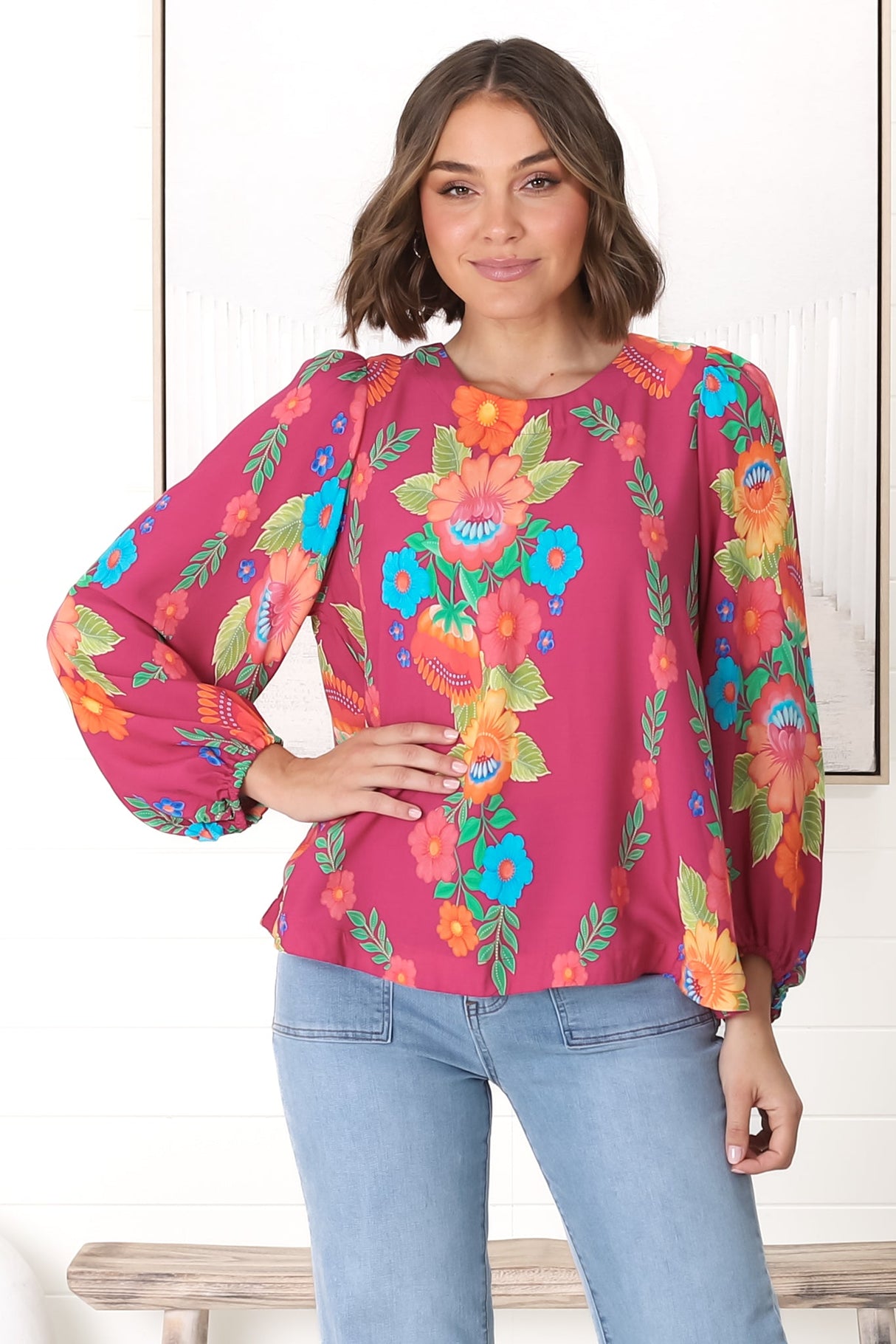 Celle Blouse - Pull Over Top with Long Balloon Sleeves in Octavia Print