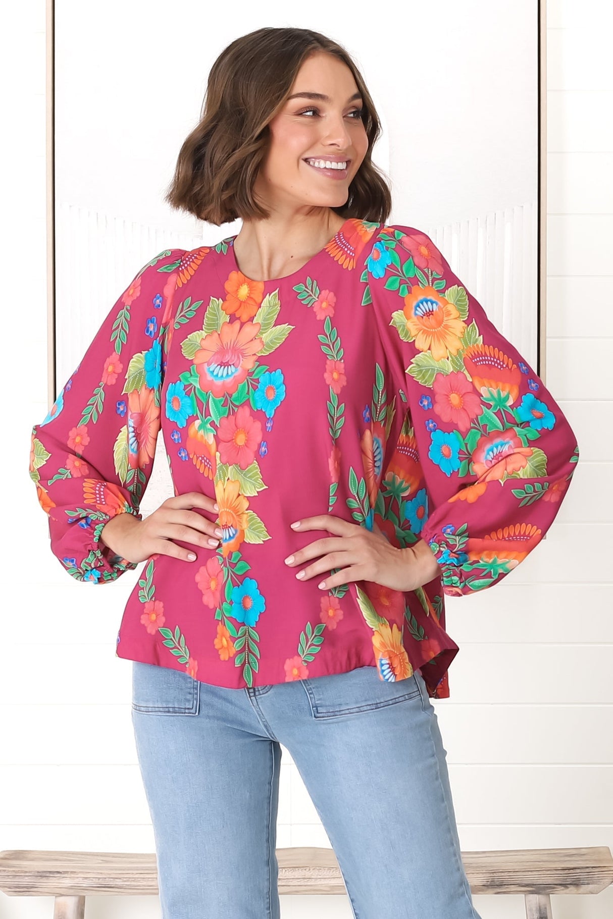 Celle Blouse - Pull Over Top with Long Balloon Sleeves in Octavia Print