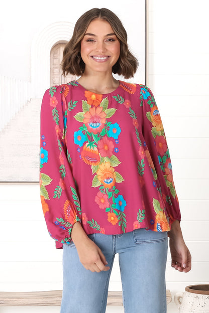Celle Blouse - Pull Over Top with Long Balloon Sleeves in Octavia Print