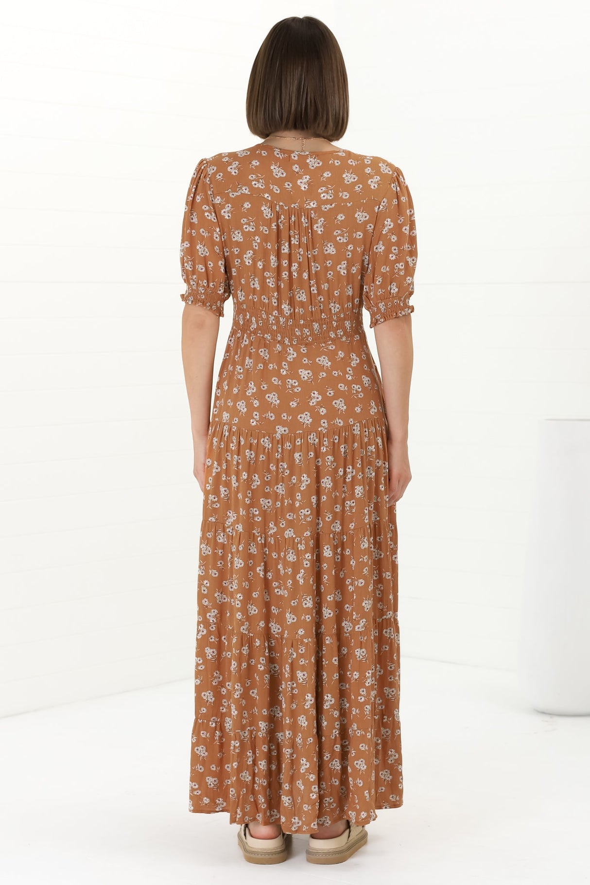 Cellini Maxi Dress - A-Line Dress with Short Balloon Sleeves in Shai Print Rust