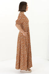 Cellini Maxi Dress - A-Line Dress with Short Balloon Sleeves in Shai Print Rust