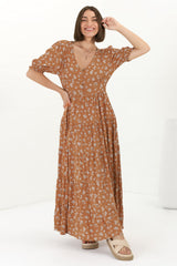 Cellini Maxi Dress - A-Line Dress with Short Balloon Sleeves in Shai Print Rust