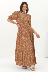 Cellini Maxi Dress - A-Line Dress with Short Balloon Sleeves in Shai Print Rust