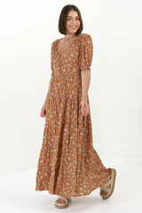 Cellini Maxi Dress - A-Line Dress with Short Balloon Sleeves in Shai Print Rust