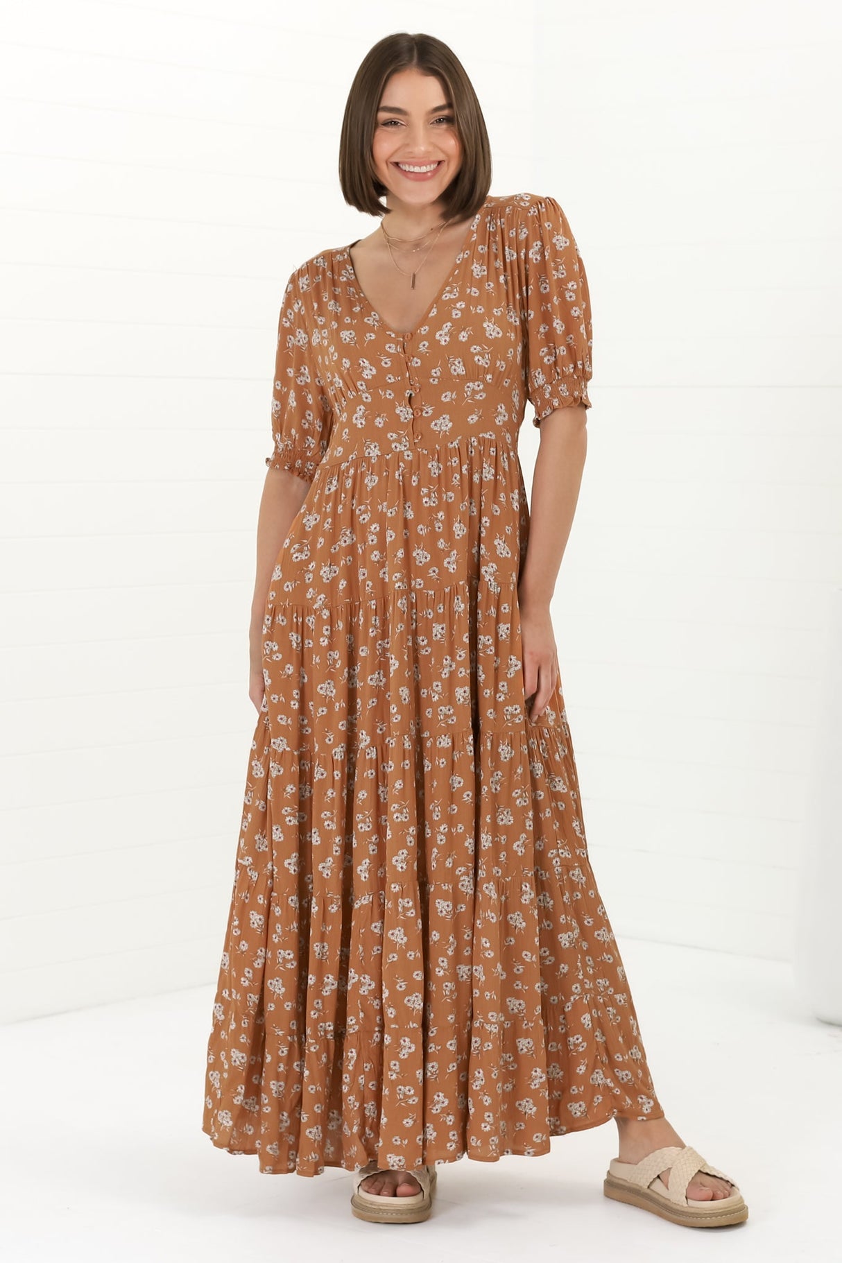 Cellini Maxi Dress - A-Line Dress with Short Balloon Sleeves in Shai Print Rust