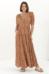 Cellini Maxi Dress - A-Line Dress with Short Balloon Sleeves in Shai Print Rust