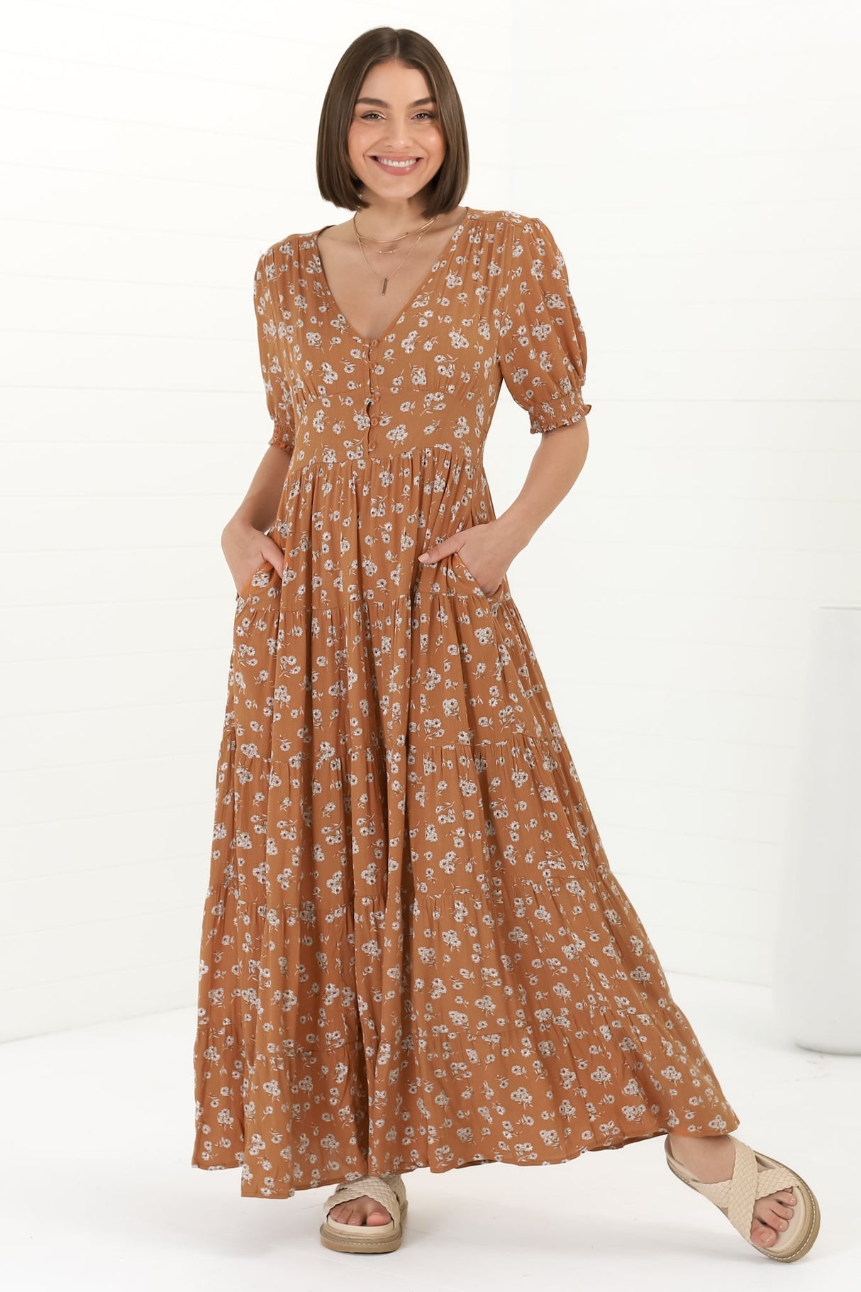 Cellini Maxi Dress - A-Line Dress with Short Balloon Sleeves in Shai Print Rust