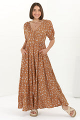 Cellini Maxi Dress - A-Line Dress with Short Balloon Sleeves in Shai Print Rust