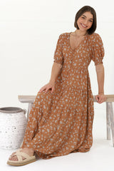 Cellini Maxi Dress - A-Line Dress with Short Balloon Sleeves in Shai Print Rust