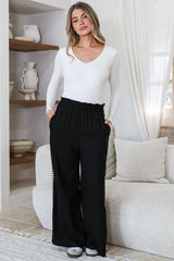 Centro Pants - Paperbag Waist Wide Leg Pants with Heart Racer Stripes in Black