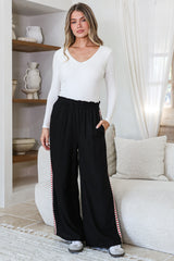 Centro Pants - Paperbag Waist Wide Leg Pants with Heart Racer Stripes in Black