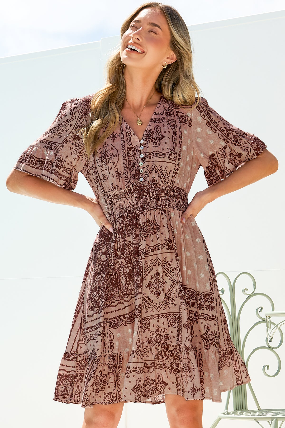 Cerise Mini Dress - V Neck Button-Front A Line Dress with Flutter Sleeves in Westwood Print