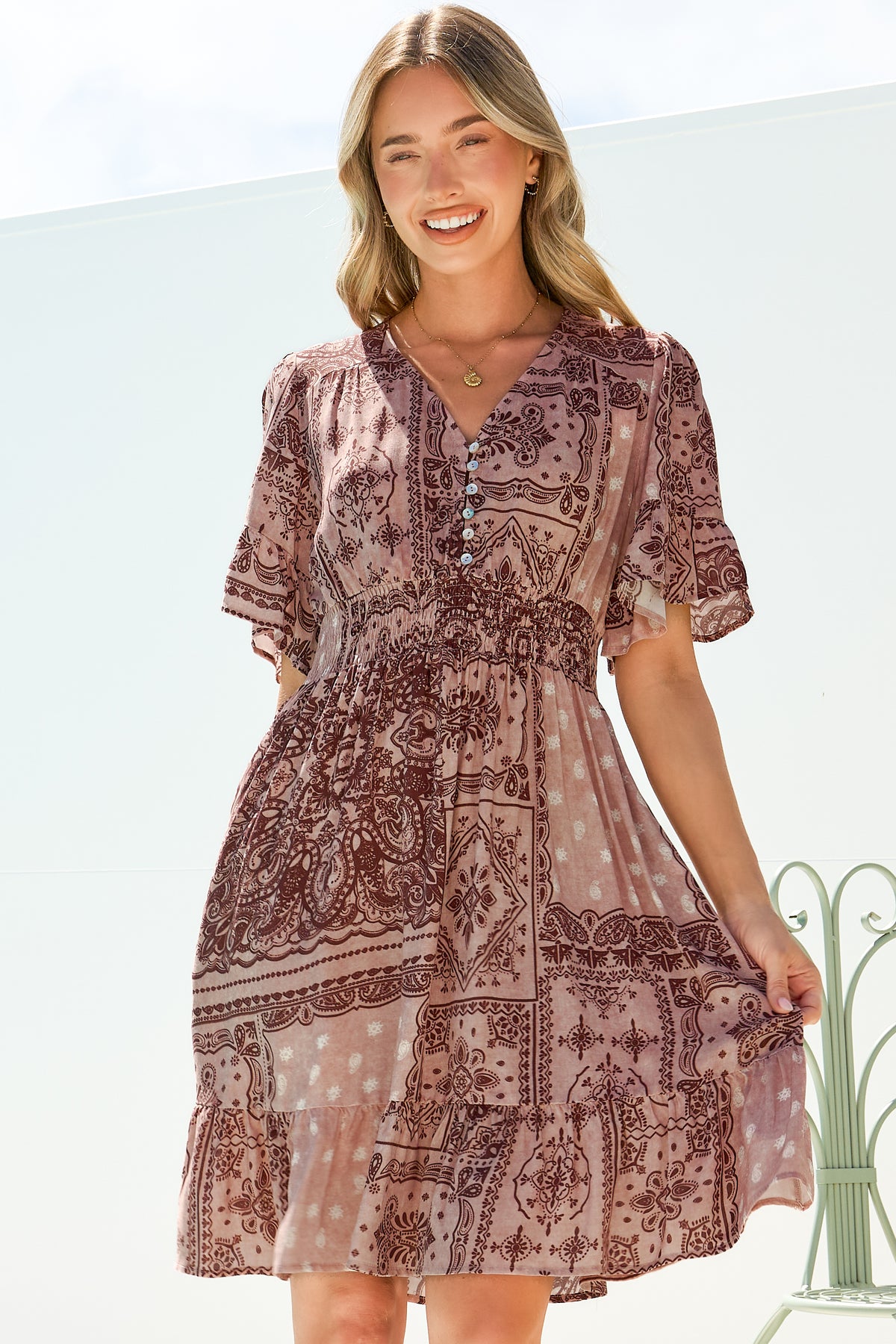 Cerise Mini Dress - V Neck Button-Front A Line Dress with Flutter Sleeves in Westwood Print