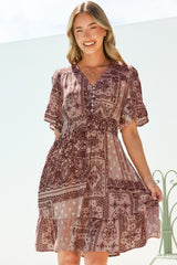 Cerise Mini Dress - V Neck Button-Front A Line Dress with Flutter Sleeves in Westwood Print
