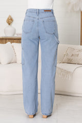 Chakra Cargo Pants - Straight Leg High Waist Cargo Jeans in Light Denim