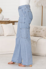 Chakra Cargo Pants - Straight Leg High Waist Cargo Jeans in Light Denim