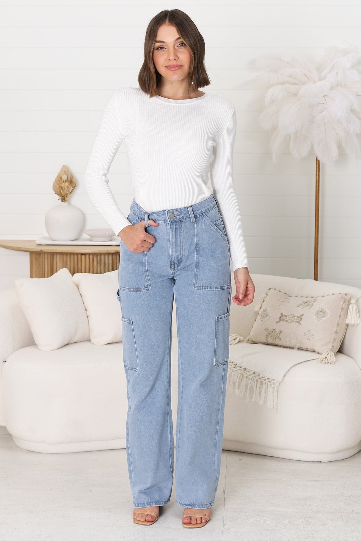 Chakra Cargo Pants - Straight Leg High Waist Cargo Jeans in Light Denim