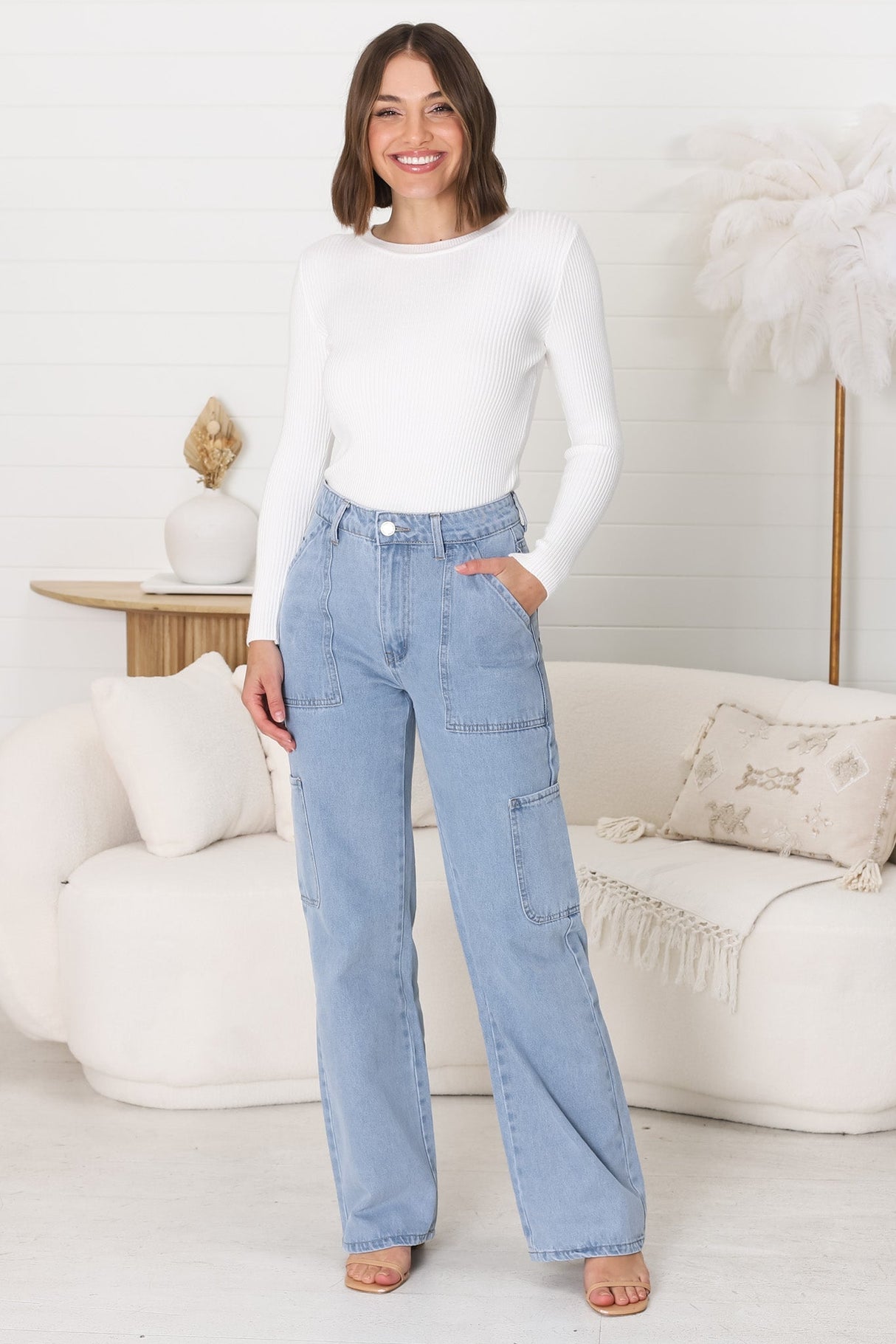 Chakra Cargo Pants - Straight Leg High Waist Cargo Jeans in Light Denim