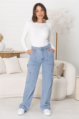 Chakra Cargo Pants - Straight Leg High Waist Cargo Jeans in Light Denim