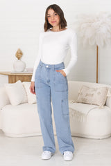 Chakra Cargo Pants - Straight Leg High Waist Cargo Jeans in Light Denim