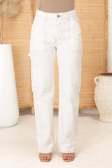 Chakra Cargo Pants - Contrast Stitching Straight Leg Cargo Jean in White