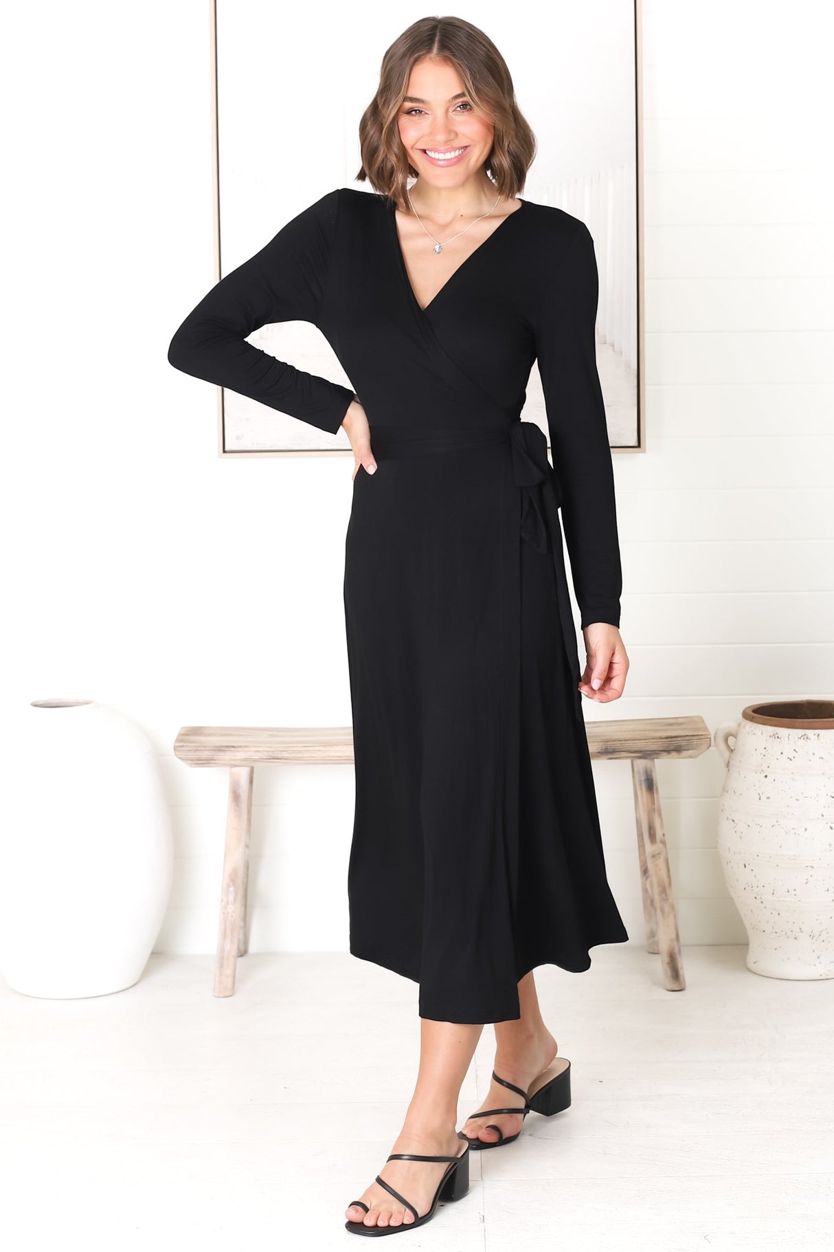 Chambery Maxi Dress - True Wrap Dress with Long Sleeves in Black