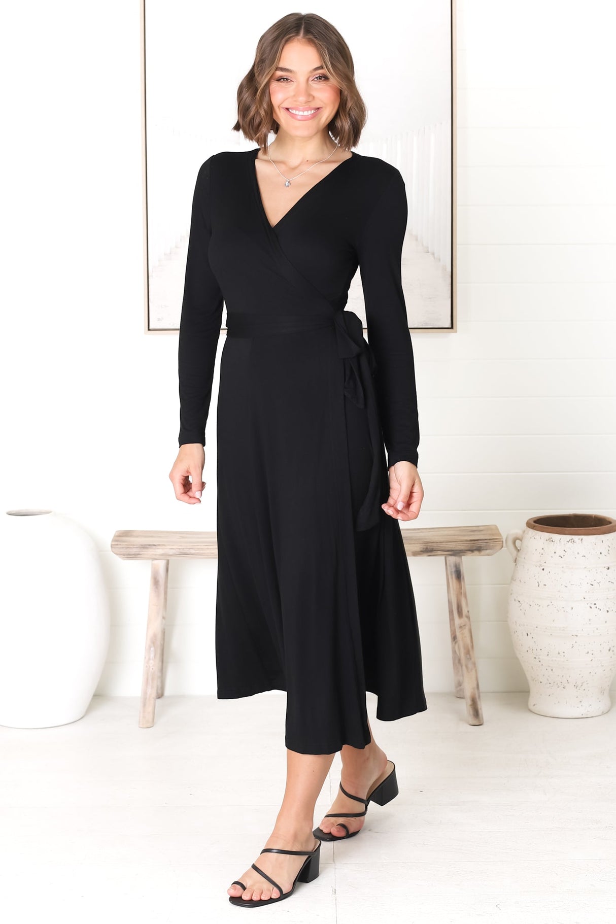 Chambery Maxi Dress - True Wrap Dress with Long Sleeves in Black