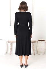 Chambery Maxi Dress - True Wrap Dress with Long Sleeves in Black