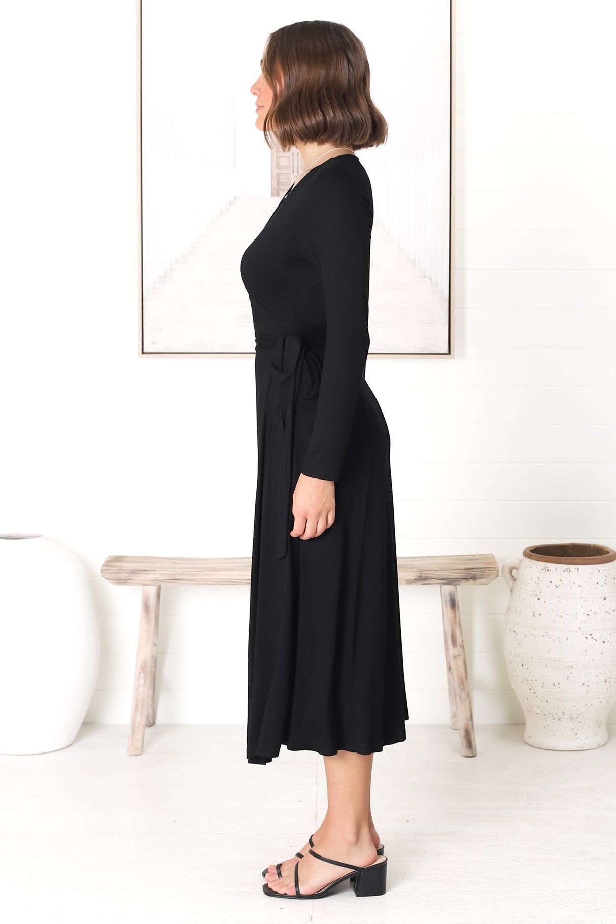 Chambery Maxi Dress - True Wrap Dress with Long Sleeves in Black