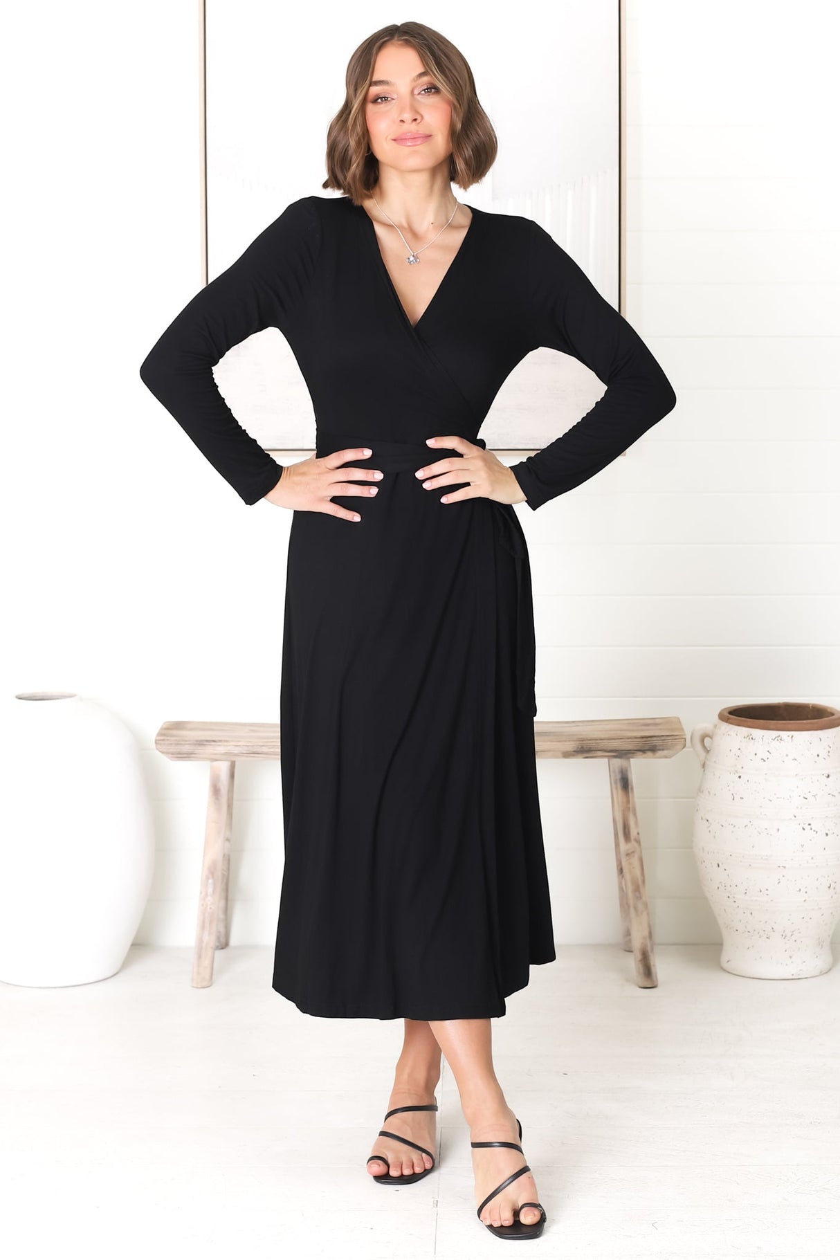 Chambery Maxi Dress - True Wrap Dress with Long Sleeves in Black