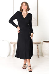 Chambery Maxi Dress - True Wrap Dress with Long Sleeves in Black