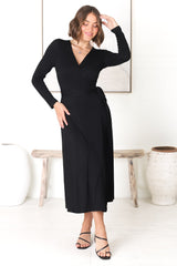 Chambery Maxi Dress - True Wrap Dress with Long Sleeves in Black