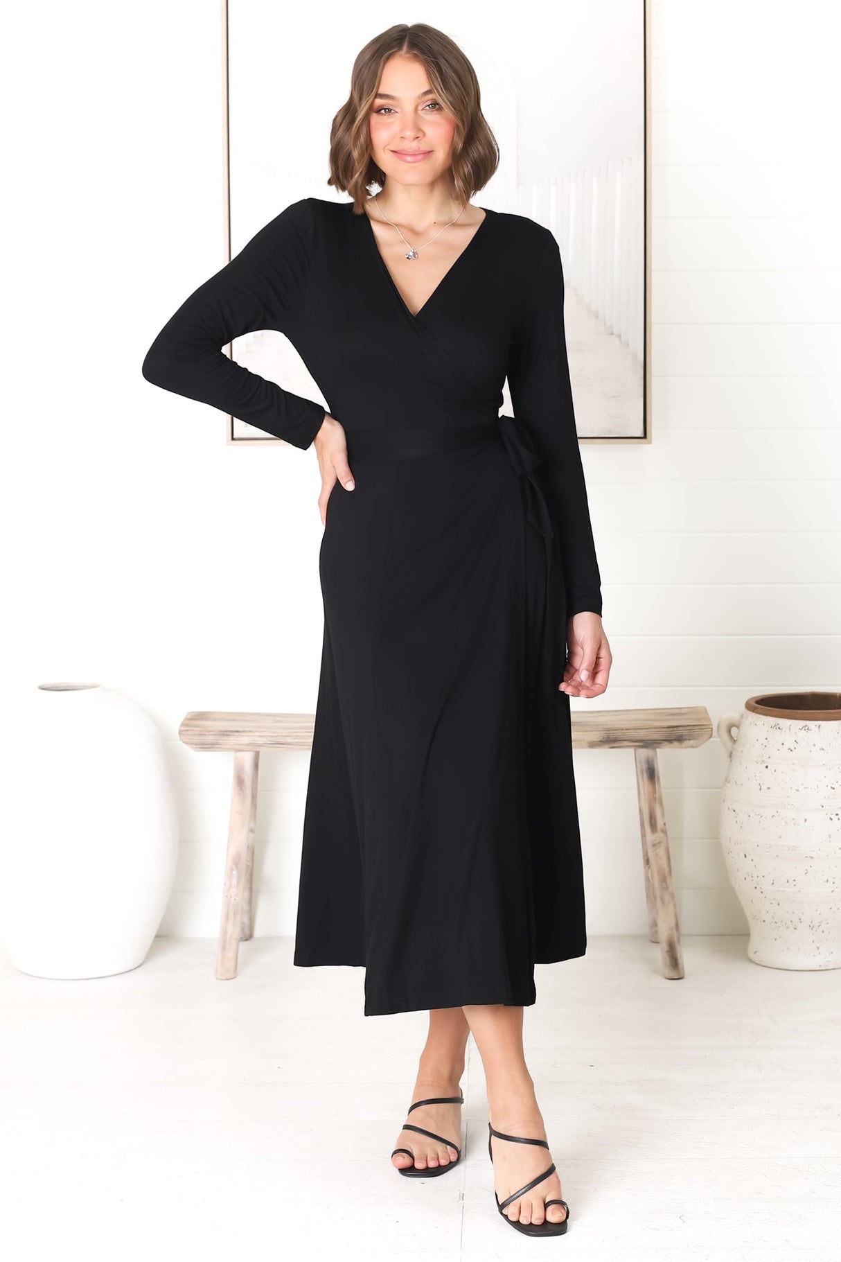 Chambery Maxi Dress - True Wrap Dress with Long Sleeves in Black