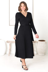 Chambery Maxi Dress - True Wrap Dress with Long Sleeves in Black