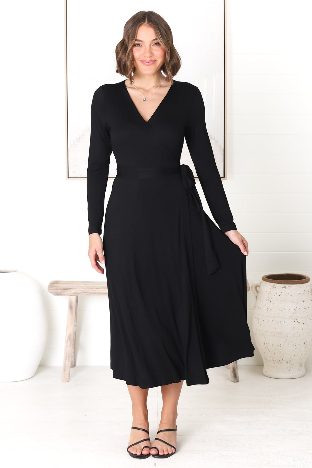 Chambery Maxi Dress - True Wrap Dress with Long Sleeves in Black