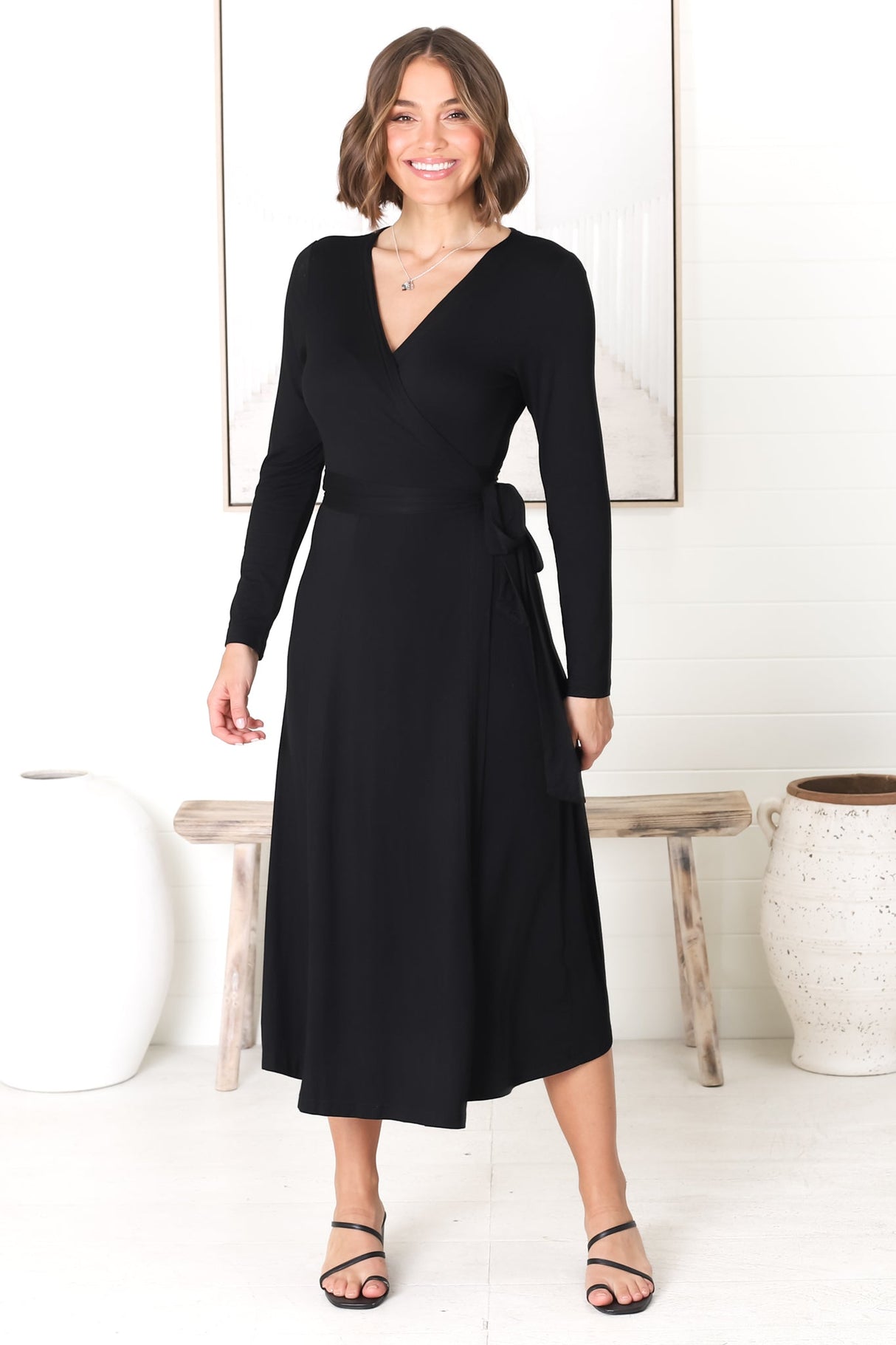 Chambery Maxi Dress - True Wrap Dress with Long Sleeves in Black