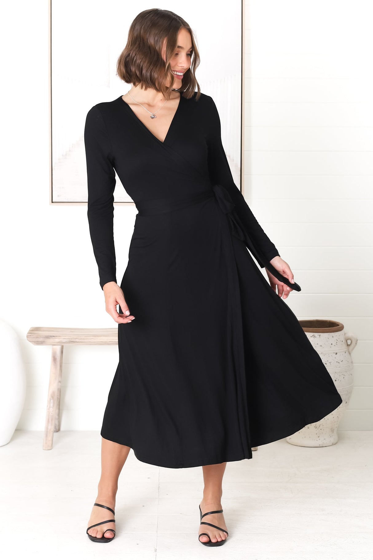 Chambery Maxi Dress - True Wrap Dress with Long Sleeves in Black