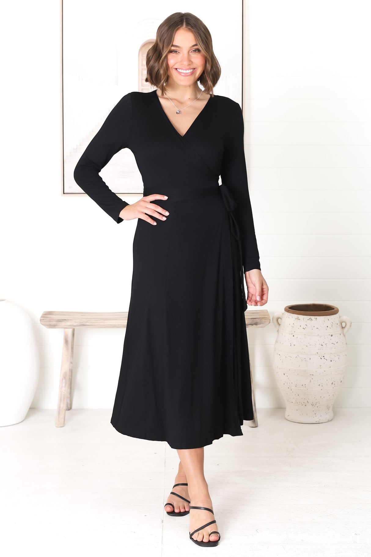 Chambery Maxi Dress - True Wrap Dress with Long Sleeves in Black