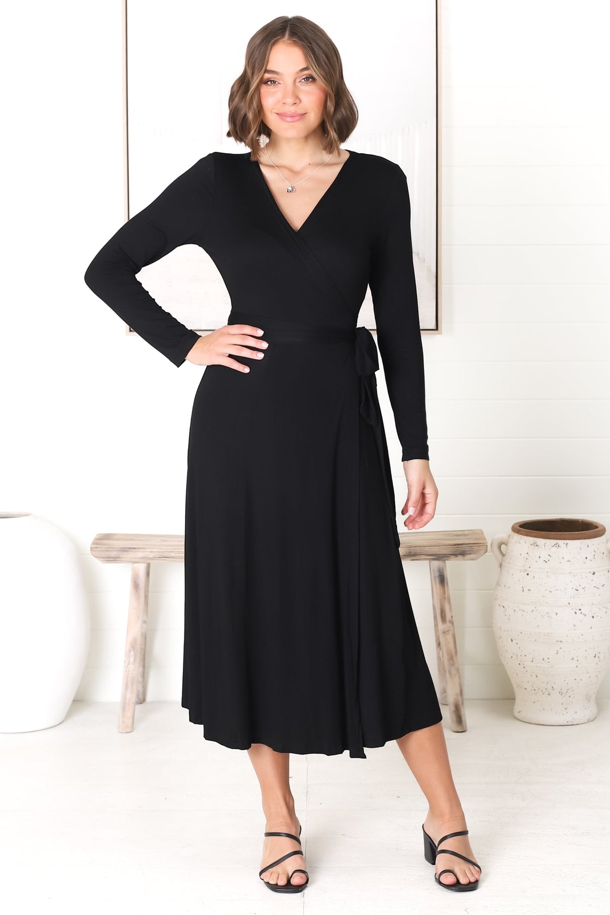 Chambery Maxi Dress - True Wrap Dress with Long Sleeves in Black