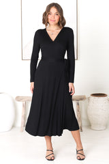 Chambery Maxi Dress - True Wrap Dress with Long Sleeves in Black