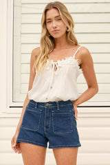 Chance Denim Shorts - High Rise Patch Front Pocket Shorts in Dark Denim