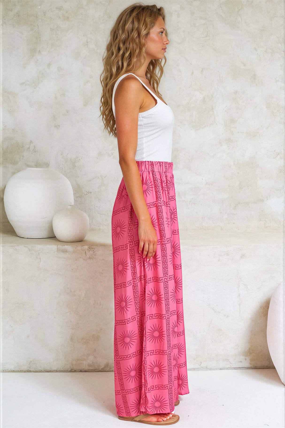 Channing Pants - High Waisted Wide-Leg Pants with Pockets in Astra Print Pink