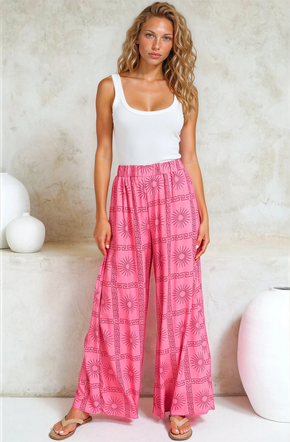 Channing Pants - High Waisted Wide-Leg Pants with Pockets in Astra Print Pink