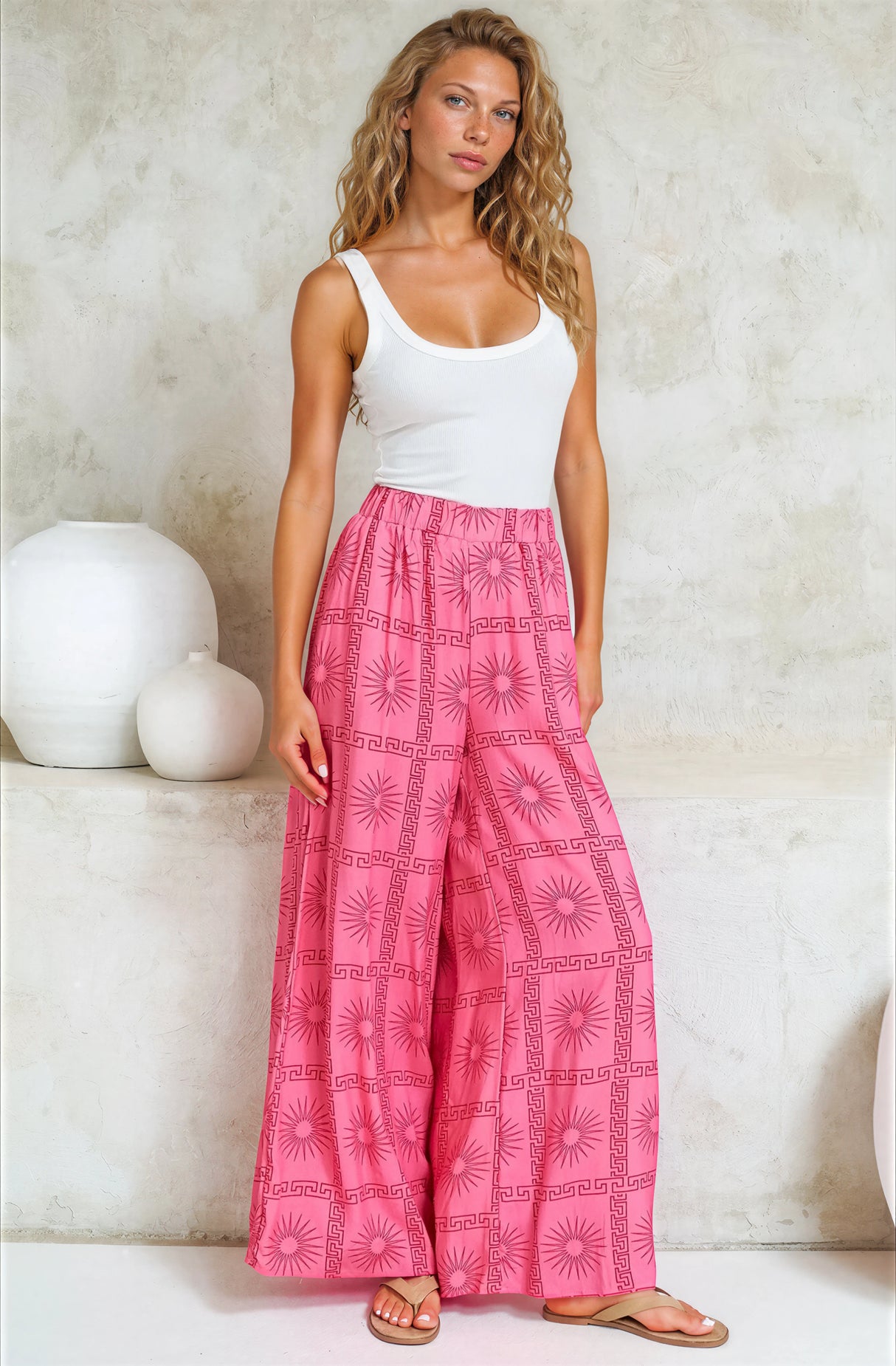 Channing Pants - High Waisted Wide-Leg Pants with Pockets in Astra Print Pink